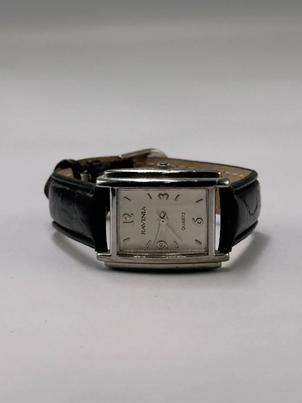 3/$30 Ravinia Watch Women Silver 21MM Rectangle Case Black Leather Band 7.5